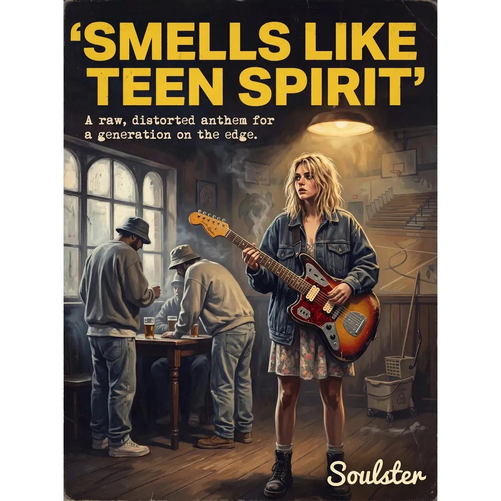 Soulster cinematic vintage pulp book cover art print illustration styled in a classic 1990s design layout inspired by Smells Like Teen Spirit.