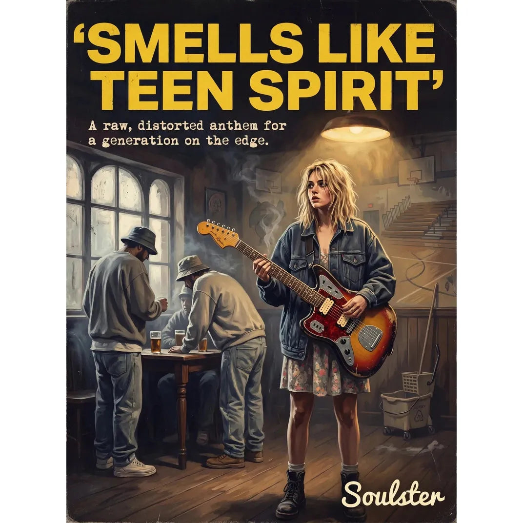 Soulster cinematic vintage pulp book cover art print illustration styled in a classic 1990s design layout inspired by Smells Like Teen Spirit.