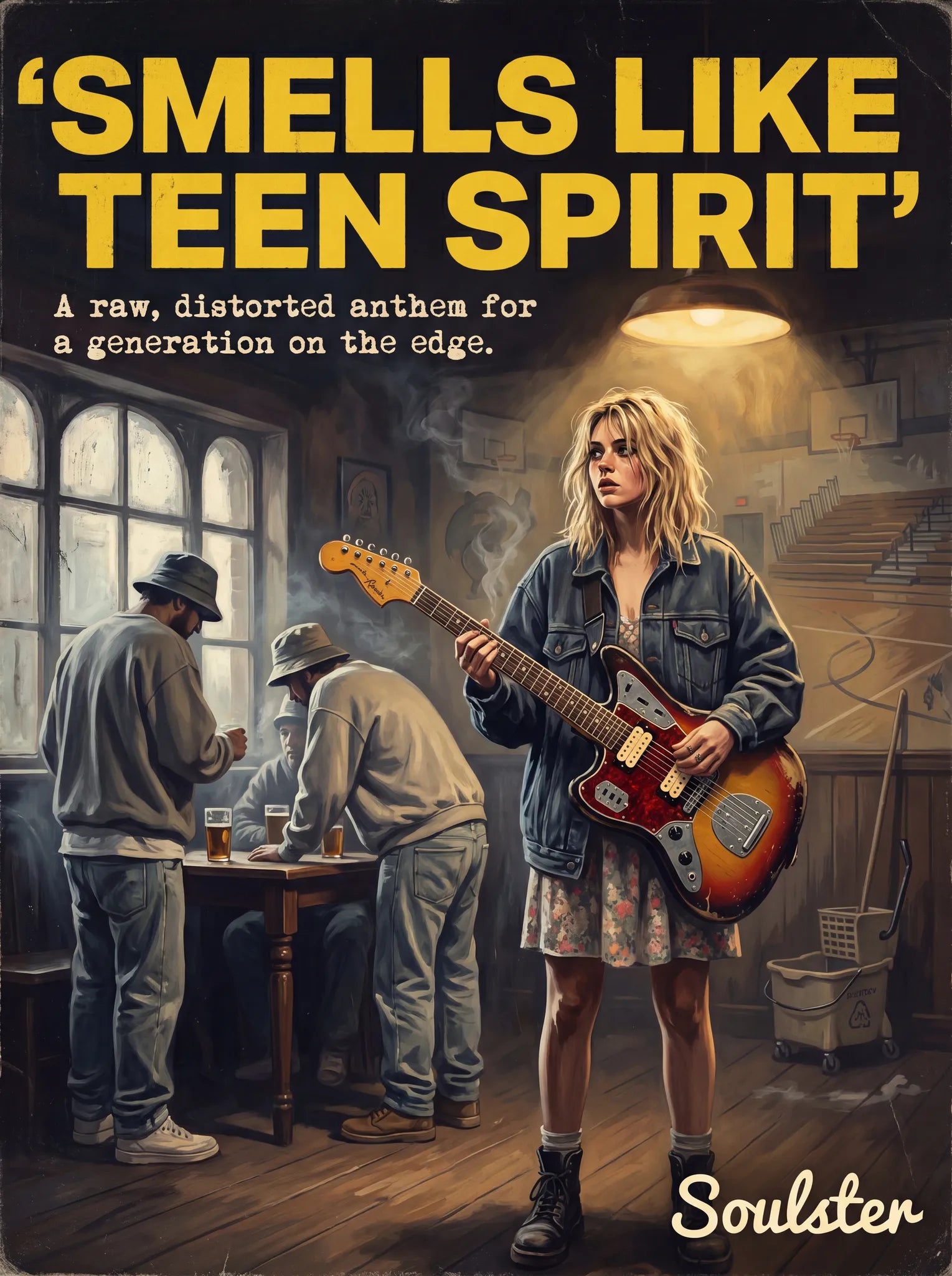 Soulster cinematic vintage pulp book cover art print illustration styled in a classic 1990s design layout inspired by Smells Like Teen Spirit.