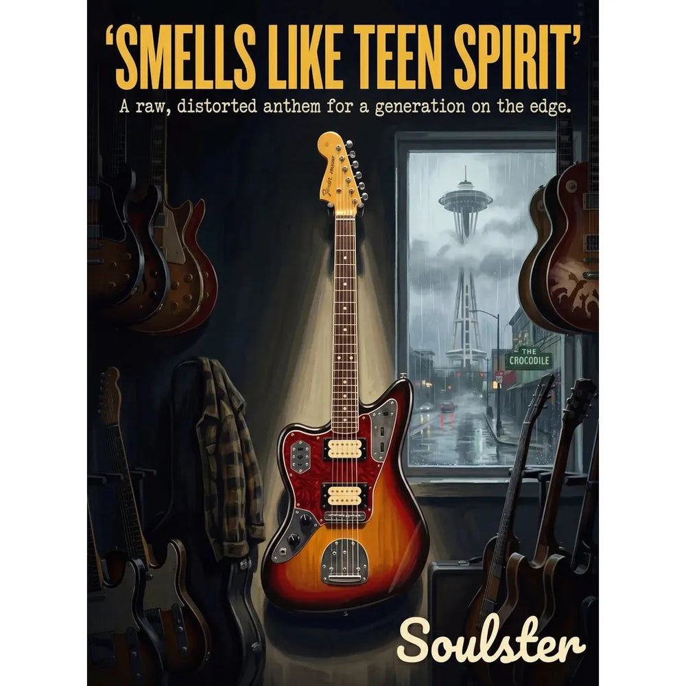 Soulster Manchester Edition wall art print showing a cinematic pulp style design of a Vintage Guitar inspired by Smells Like Teen Spirit - Seattle.