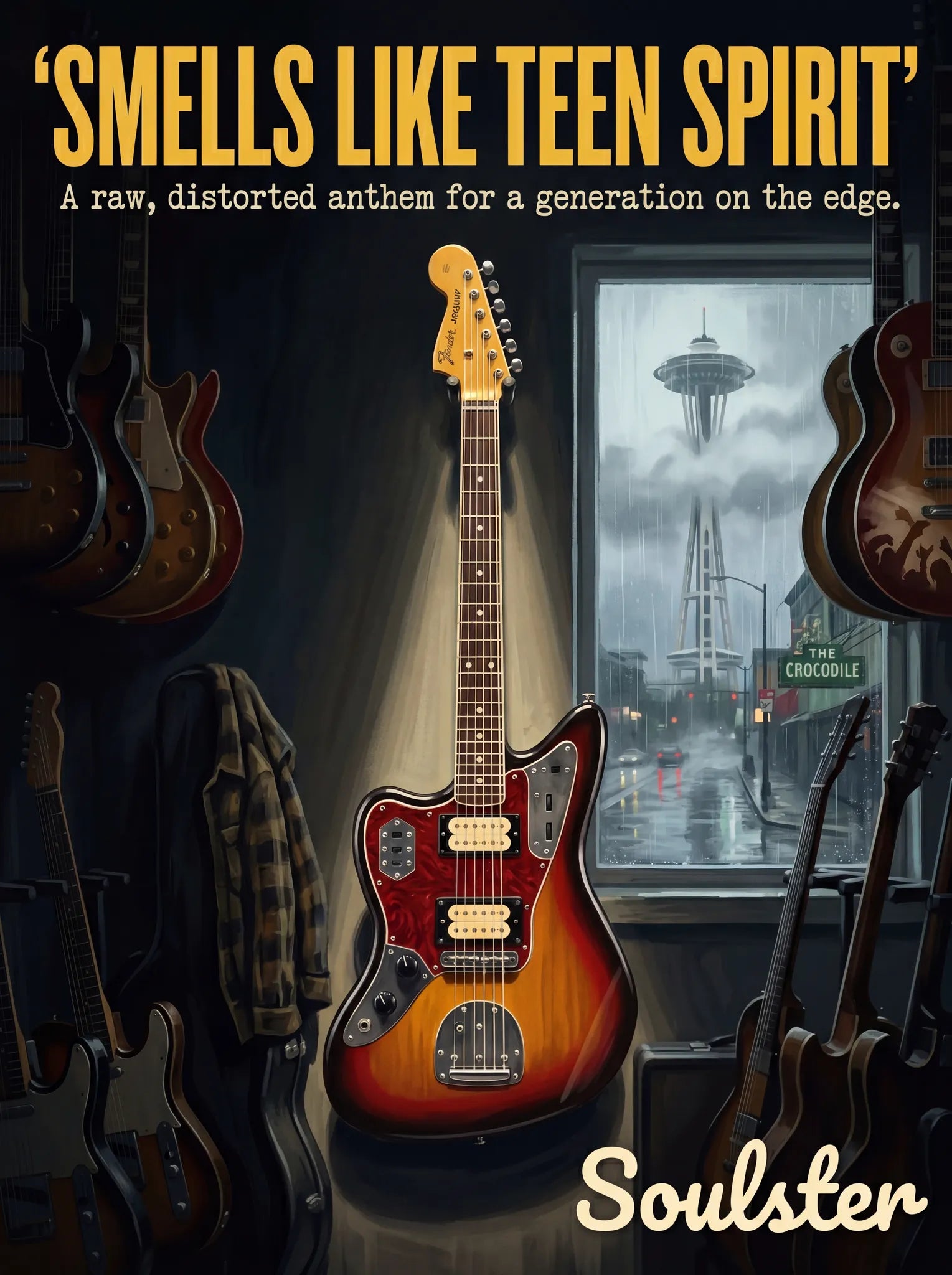 Soulster Manchester Edition wall art print showing a cinematic pulp style design of a Vintage Guitar inspired by Smells Like Teen Spirit - Seattle.