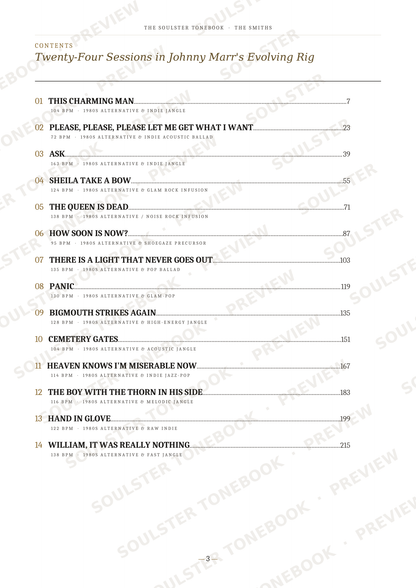 A printed table of contents page from a book, titled 'Twenty-Four Sessions in Johnny Marr's Evolving Rig' with song titles, page numbers, and a footer reading 'THE SKELETOR TEENDRAM / THE UNITED'. The page is white with black text and repeated diagonal watermark text across it.