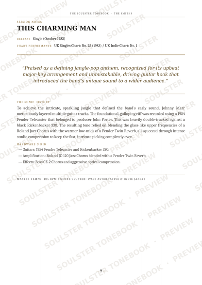 A scanned page from a music publication featuring the song 'This Charming Man' by Johnny Marr, with printed text, release details, and a quote. The page has a white background with black text and diagonal watermark text reading 'SOULSTORE.