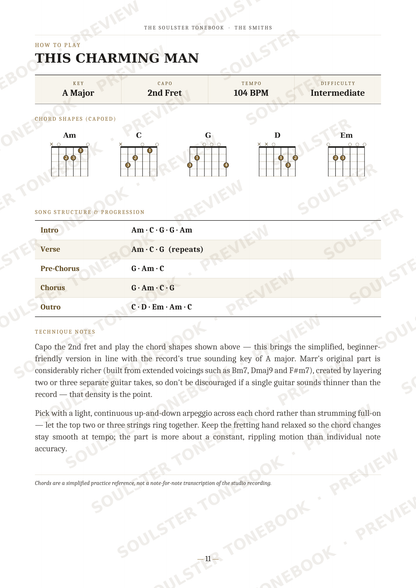 A page from a guitar instruction book titled 'How to Play This Charming Man' by The Soulster Guitar Book. It features chord diagrams for Am, C, G, and Em, along with chord shapes, strumming notes, and a technical notes section.