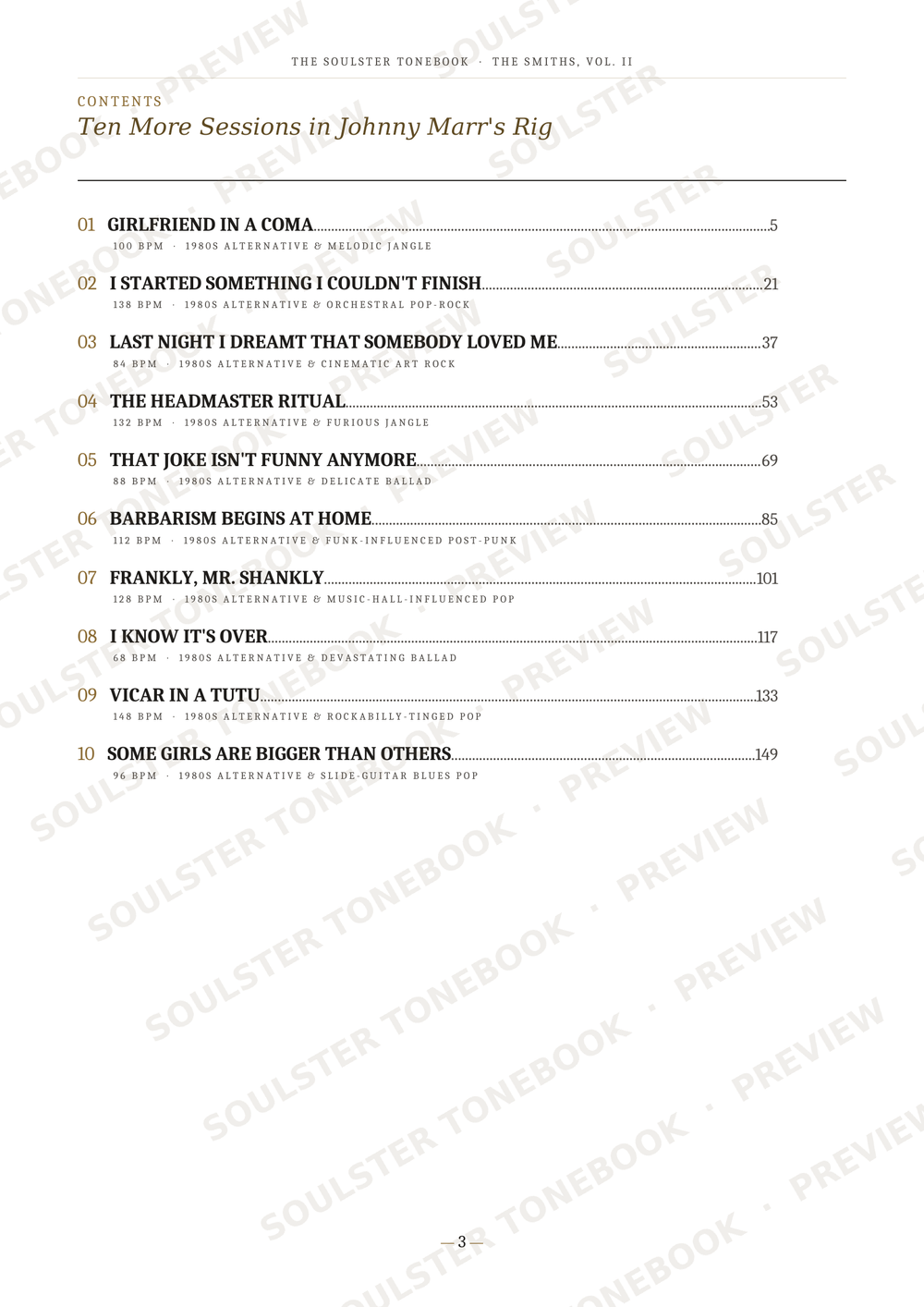 A printed table of contents page from a book, titled "Ten More Sessions in Johnny Marr's Rig," showing numbered sections and page references with repeated diagonal preview watermarks across the page.