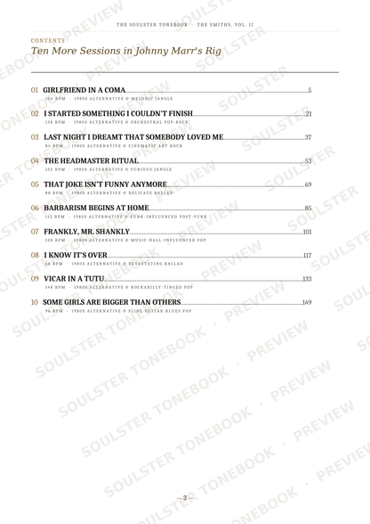 A printed table of contents page from a book, titled "Ten More Sessions in Johnny Marr's Rig," showing numbered sections and page references with repeated diagonal preview watermarks across the page.