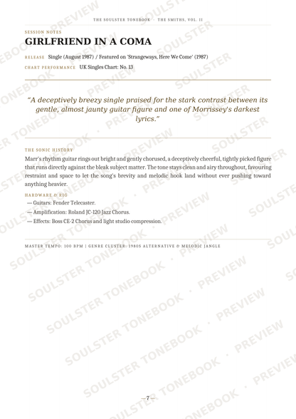 A printed page from a music book or sheet music cover featuring the title 'GIRLFRIEND IN A COMA' by The Souljazer and The Suite, with song details, review quote, basic info, and a track list on a white page with faint diagonal watermark text.