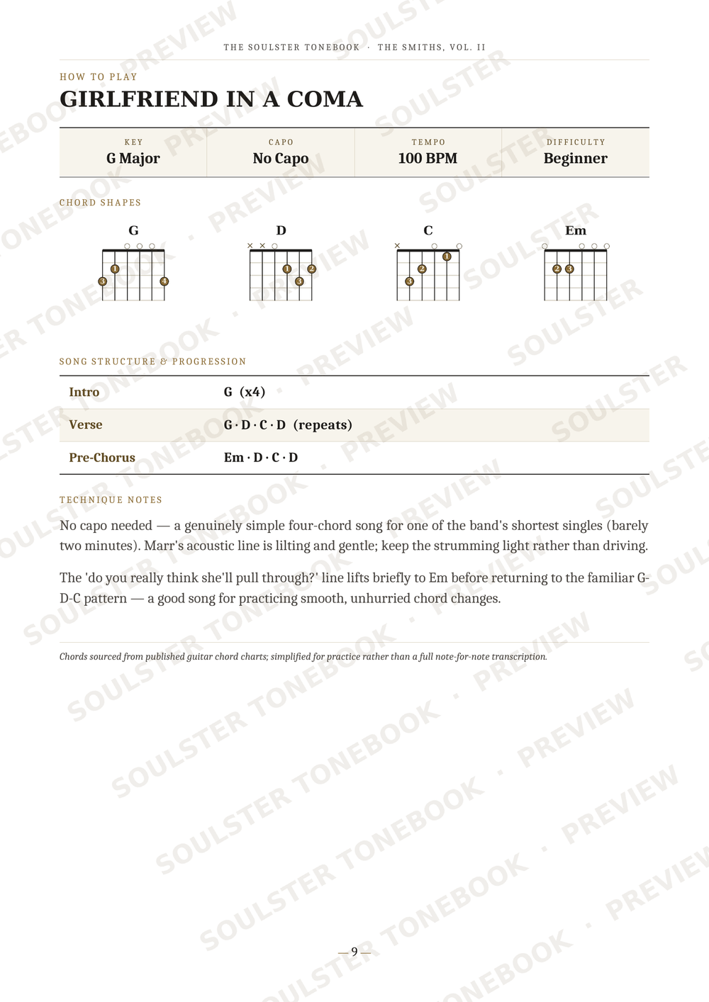 A printed guitar instruction sheet titled 'GIRLFRIEND IN A COMA' with chord diagrams, tablature, and performance notes. The page includes repeated diagonal 'SOULSTER TONEBOOK PREVIEW' watermarks and is photographed against a white background.