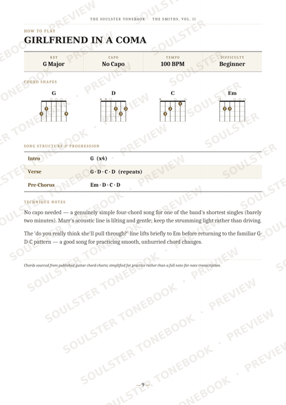 A printed guitar instruction sheet titled 'GIRLFRIEND IN A COMA' with chord diagrams, tablature, and performance notes. The page includes repeated diagonal 'SOULSTER TONEBOOK PREVIEW' watermarks and is photographed against a white background.
