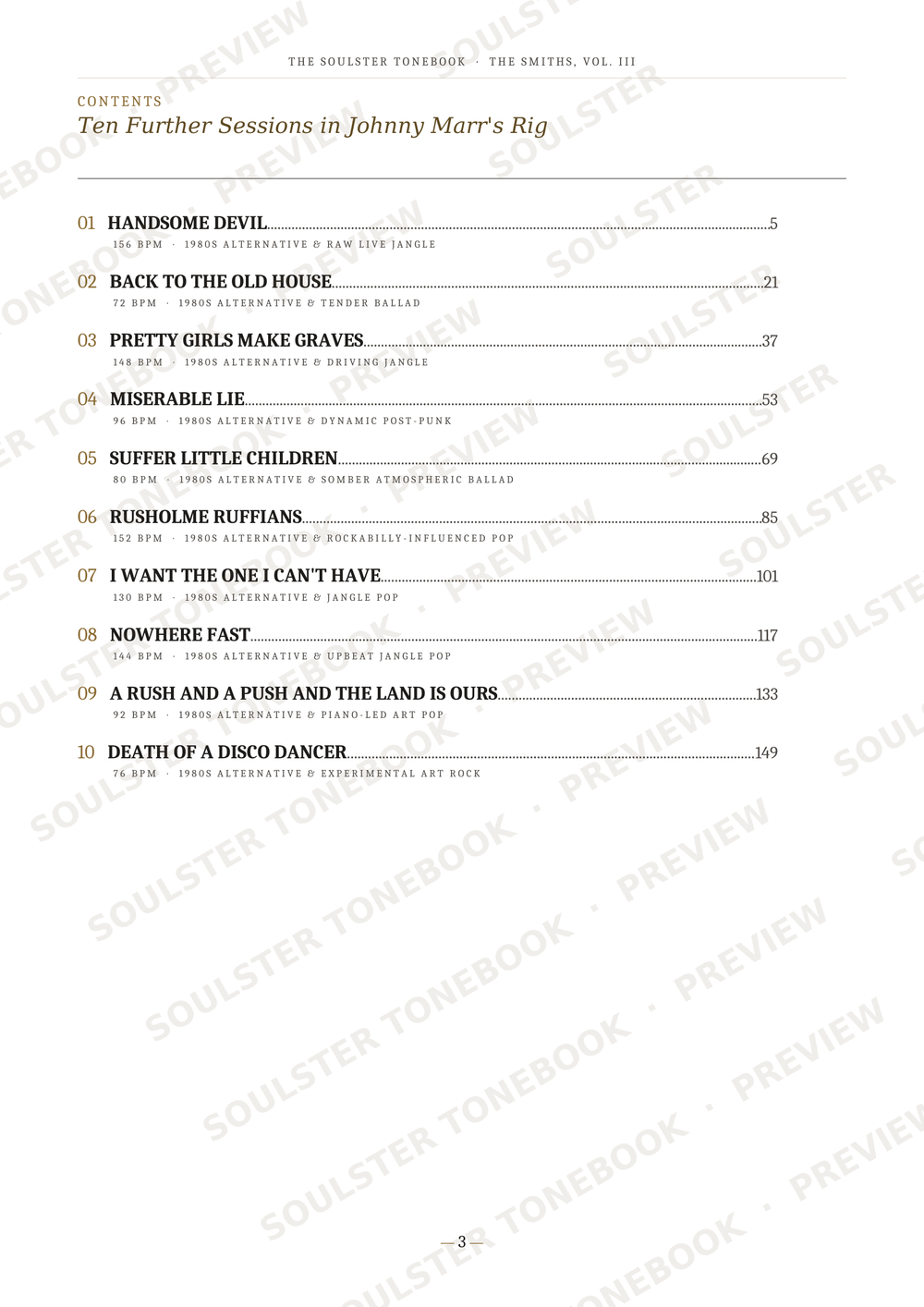 A printed table of contents page from a book or music album, titled 'Ten Further Sessions in Johnny Martin's Rig' with track names and page numbers, shown on a white page with faint diagonal watermark text.