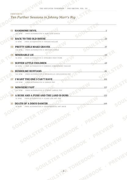 A printed table of contents page from a book or music album, titled 'Ten Further Sessions in Johnny Martin's Rig' with track names and page numbers, shown on a white page with faint diagonal watermark text.