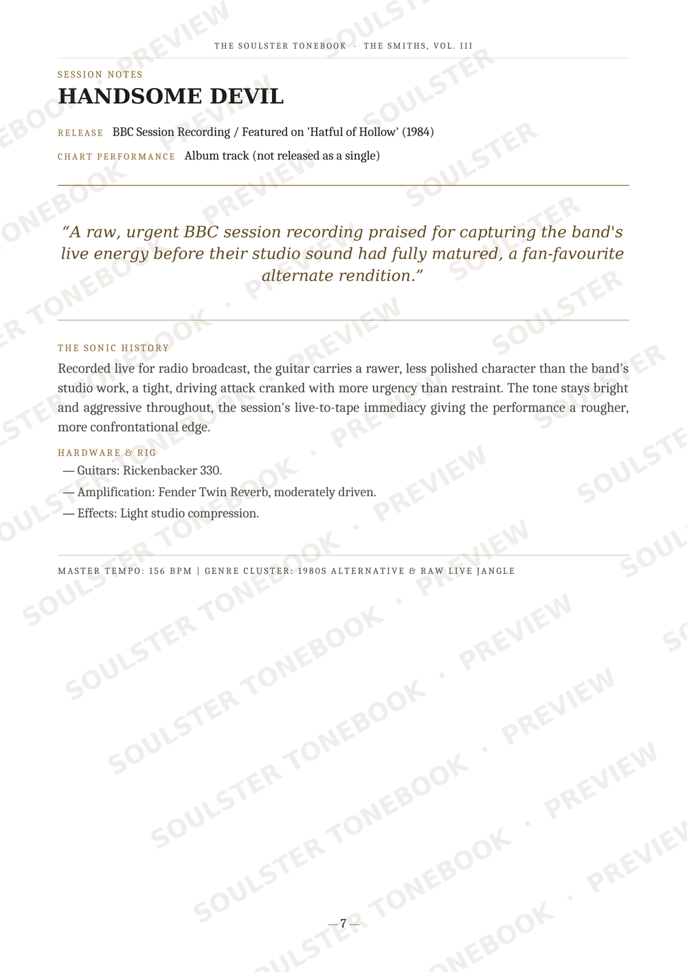 A page from a music book or article about Handsome Devil, featuring track metadata, a quote, and a brief basic history section, with repeated diagonal 'SOULSTER TONEBOOK PREVIEW' watermarks across the page.