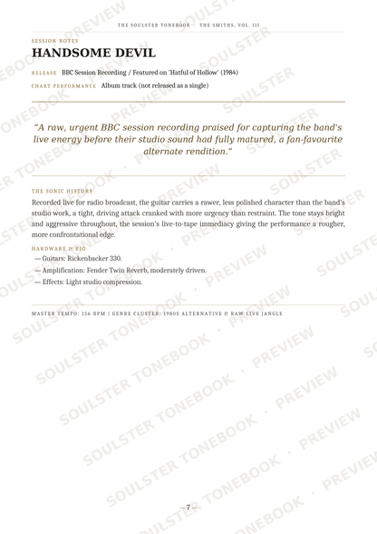 A page from a music book or article about Handsome Devil, featuring track metadata, a quote, and a brief basic history section, with repeated diagonal 'SOULSTER TONEBOOK PREVIEW' watermarks across the page.