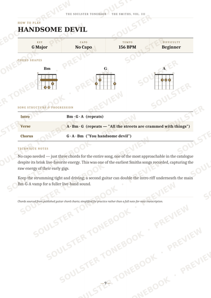 A guitar lesson page titled 'HANDSOME DEVIL' from Soulster's 'The Collected Tonestars' series, showing chord diagrams (Bm, G, A) and tablature for a song with tempo 156 BPM and key G Major.