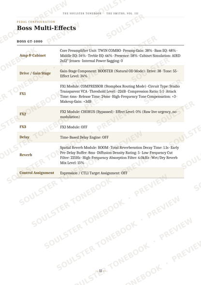 A printed specification sheet or instruction page for Boss Multi-Effects effects pedals, detailing parameters like amp cabret, drive/gate stage, FX1, FX2, delay, and reverb settings for the BOSS GT-1000.