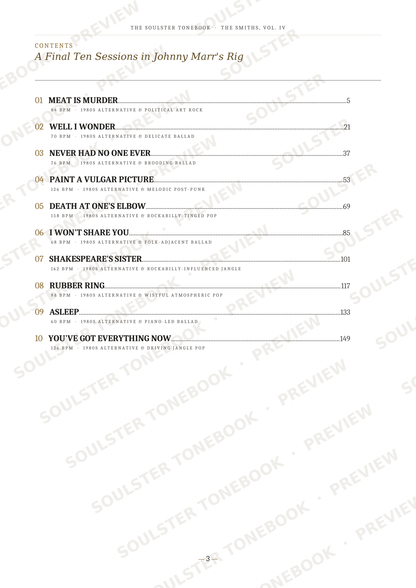 A printed table of contents page from a book, showing chapter and page listings for 'A Final Ten Sessions in Johnny Marr's Rig' with repeated Soulster Tonebook preview watermarks across the page.