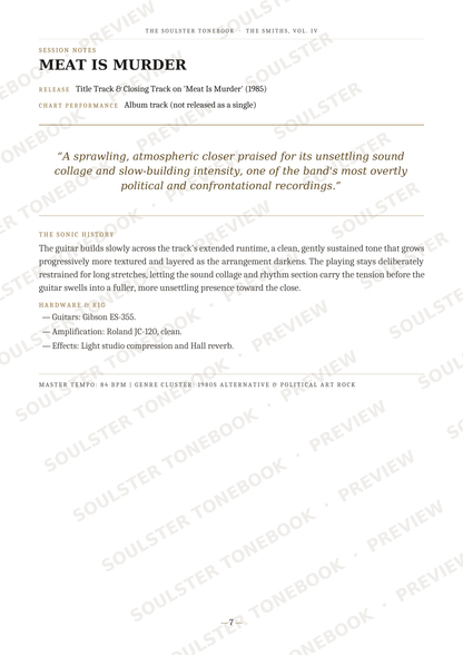 A page from a music book or album liner notes featuring the track 'MEAT IS MURDER' by Smiths Vol. 10, with release details, a review quote, and track history.