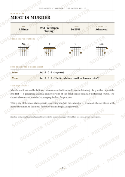 A guitar tab sheet music page for the song 'MEAT IS MURDER' from The Slaughter Tomorrow / The Smiths Vol. 10, showing chord diagrams, notes, and lyrics with a light beige background and black text.