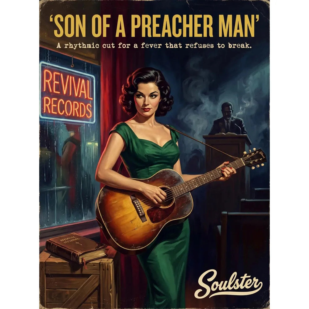 Soulster cinematic vintage pulp book cover art print illustration styled in a classic 1950s theme inspired by Son Of A Preacher Man.
