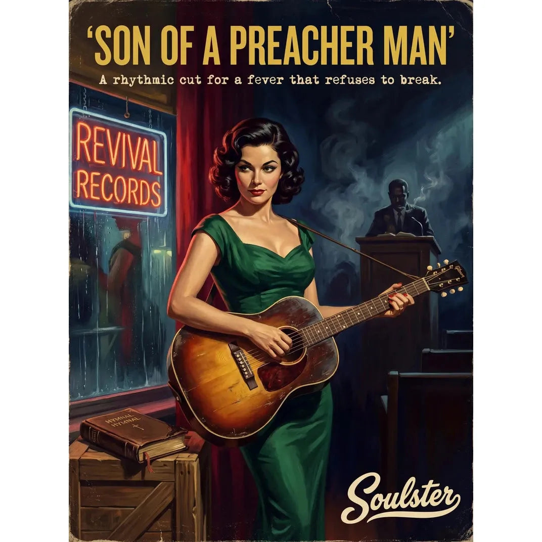 Soulster cinematic vintage pulp book cover art print illustration styled in a classic 1950s theme inspired by Son Of A Preacher Man.