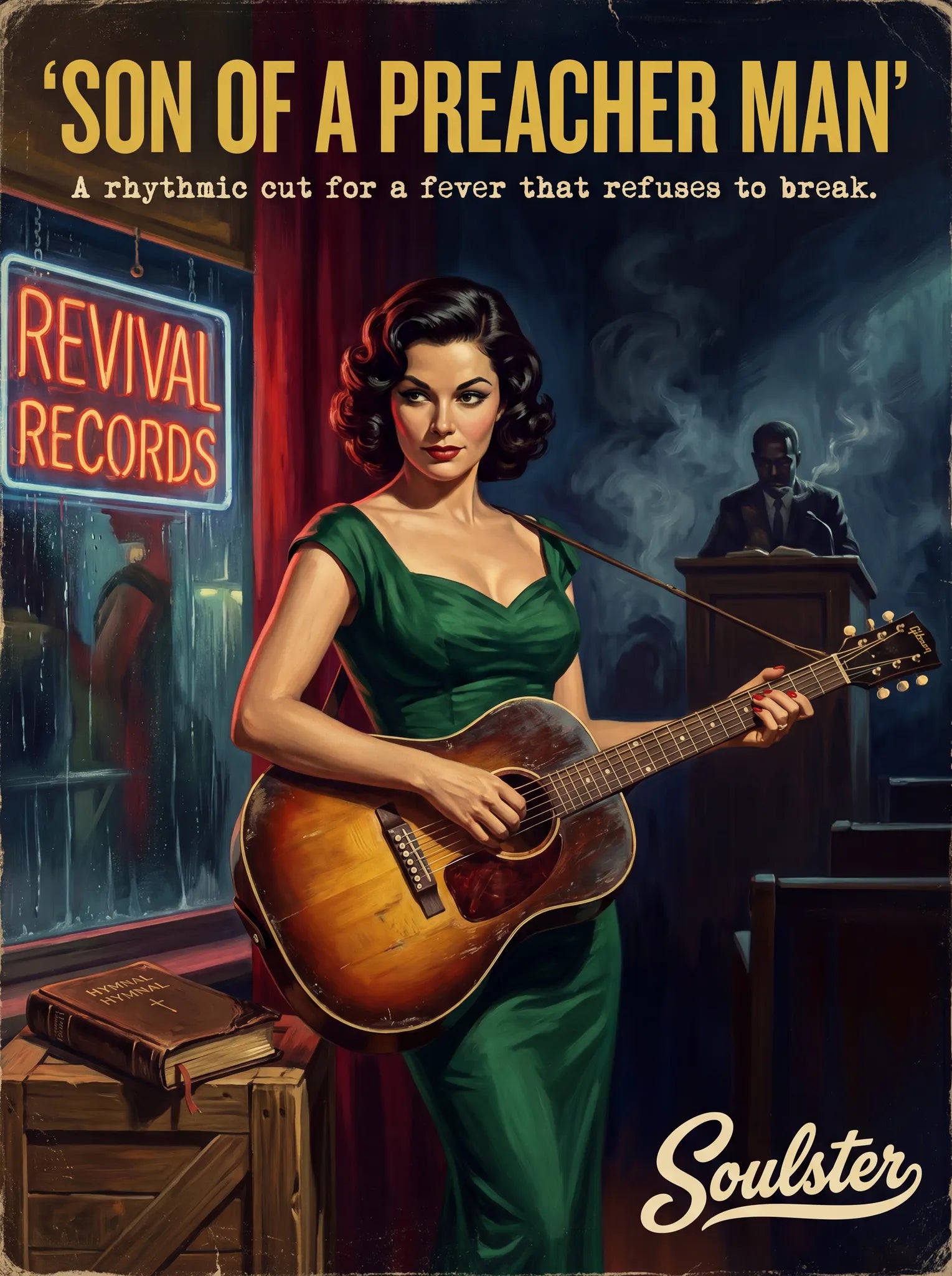 Soulster cinematic vintage pulp book cover art print illustration styled in a classic 1950s theme inspired by Son Of A Preacher Man.