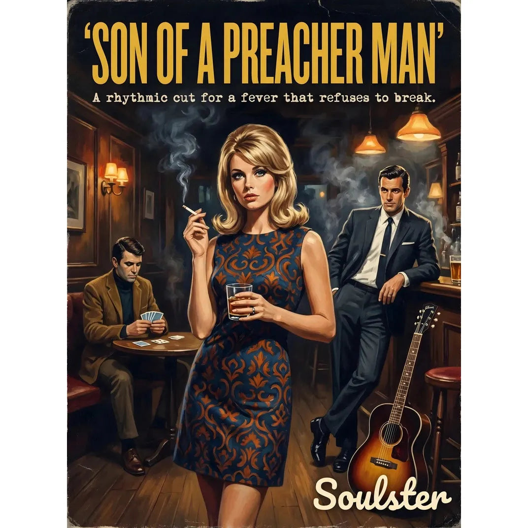 Soulster cinematic vintage pulp book cover art print illustration styled in a classic 1960s theme inspired by Son Of A Preacher Man.