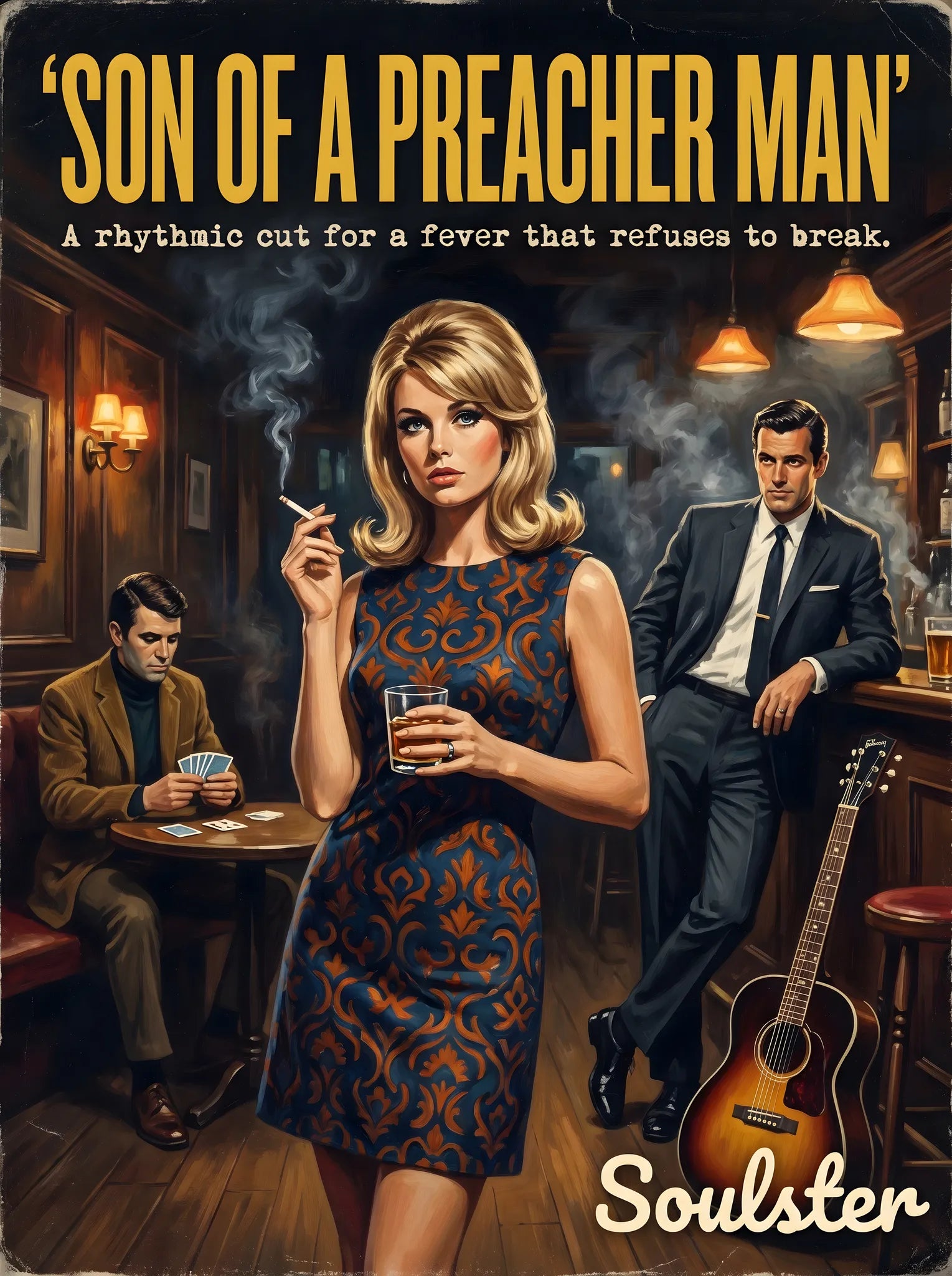 Soulster cinematic vintage pulp book cover art print illustration styled in a classic 1960s theme inspired by Son Of A Preacher Man.