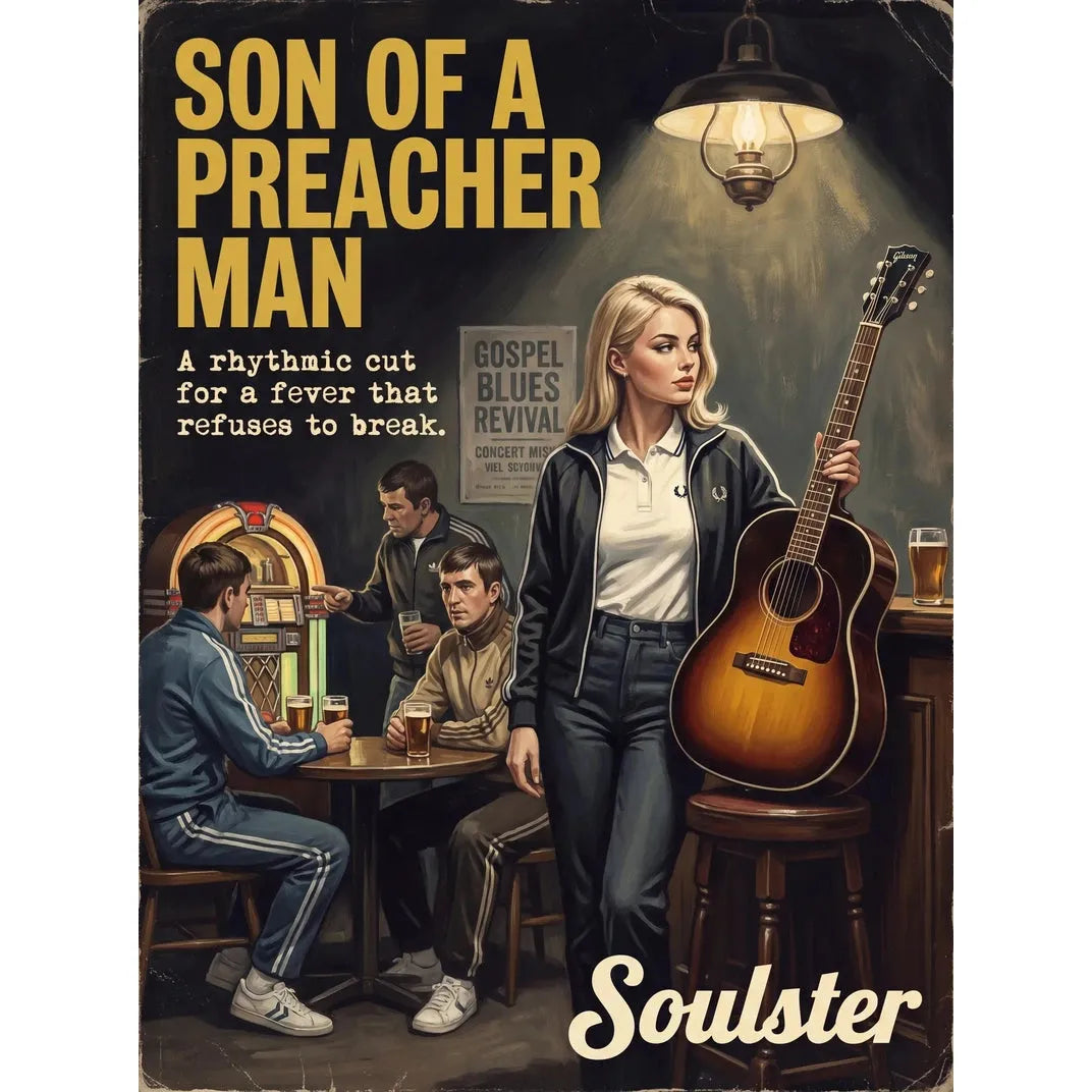 Soulster retro pulp thriller book cover style art print illustration inspired by Alternative Indie - Son Of A Preacher Man.