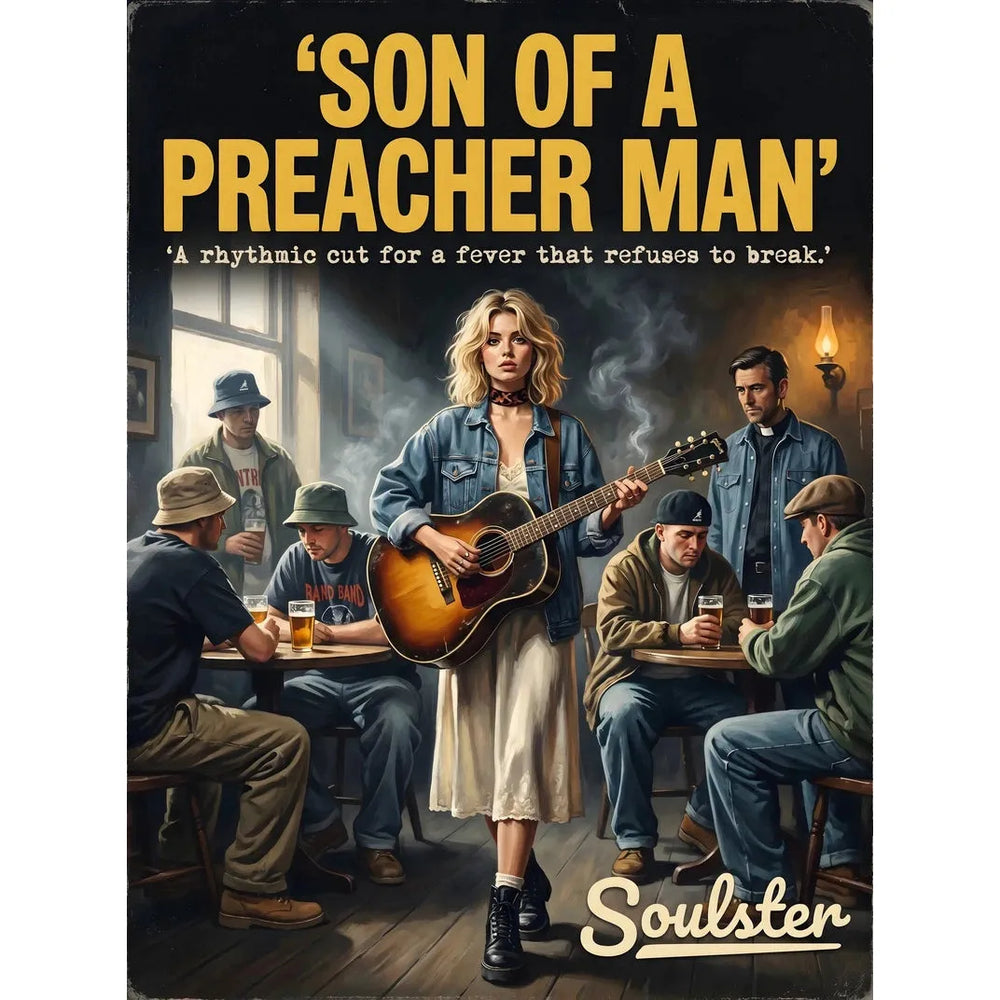Soulster cinematic vintage pulp book cover art print illustration styled in a classic 1990s theme inspired by Son Of A Preacher Man.