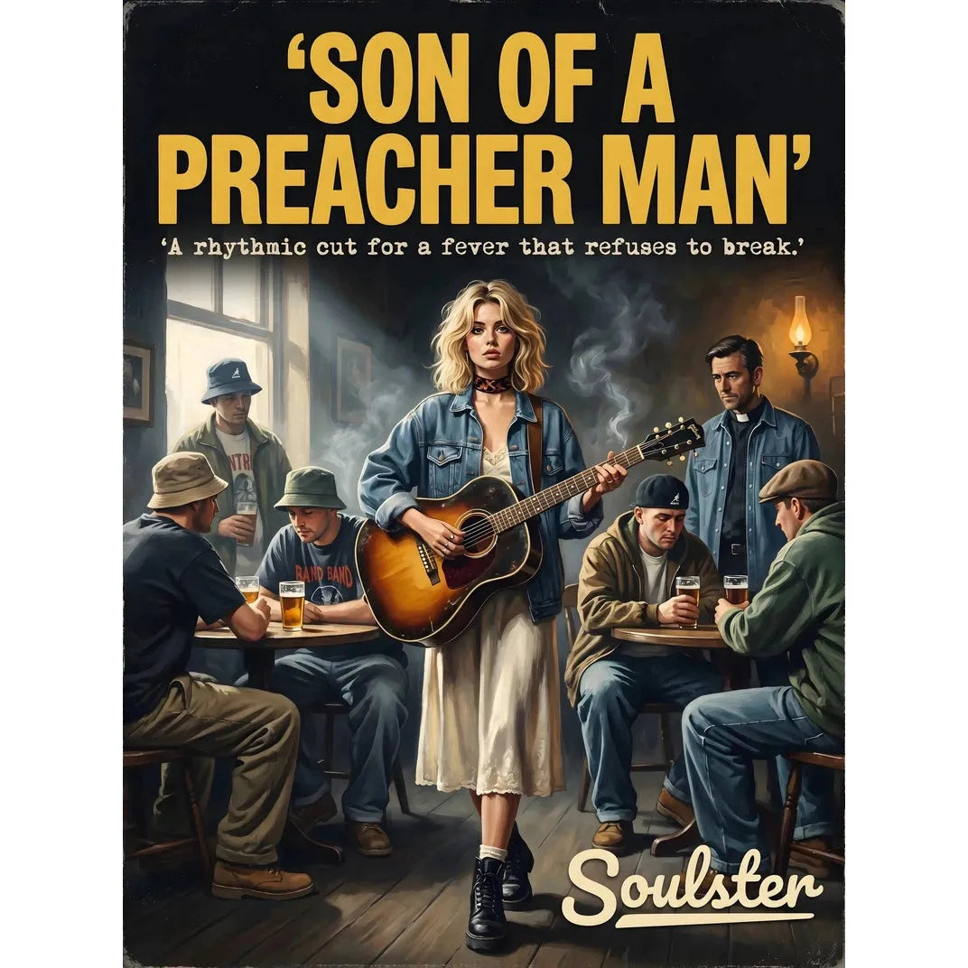 Soulster cinematic vintage pulp book cover art print illustration styled in a classic 1990s theme inspired by Son Of A Preacher Man.