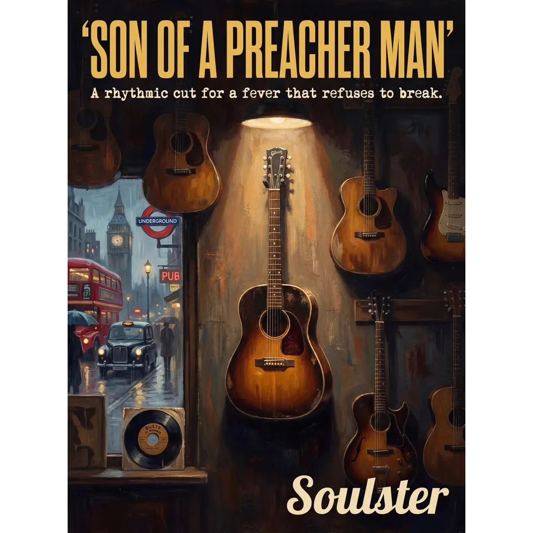 Soulster Manchester Edition wall art print showing a cinematic pulp style design of a Vintage Guitar inspired by Son Of A Preacher Man - London.