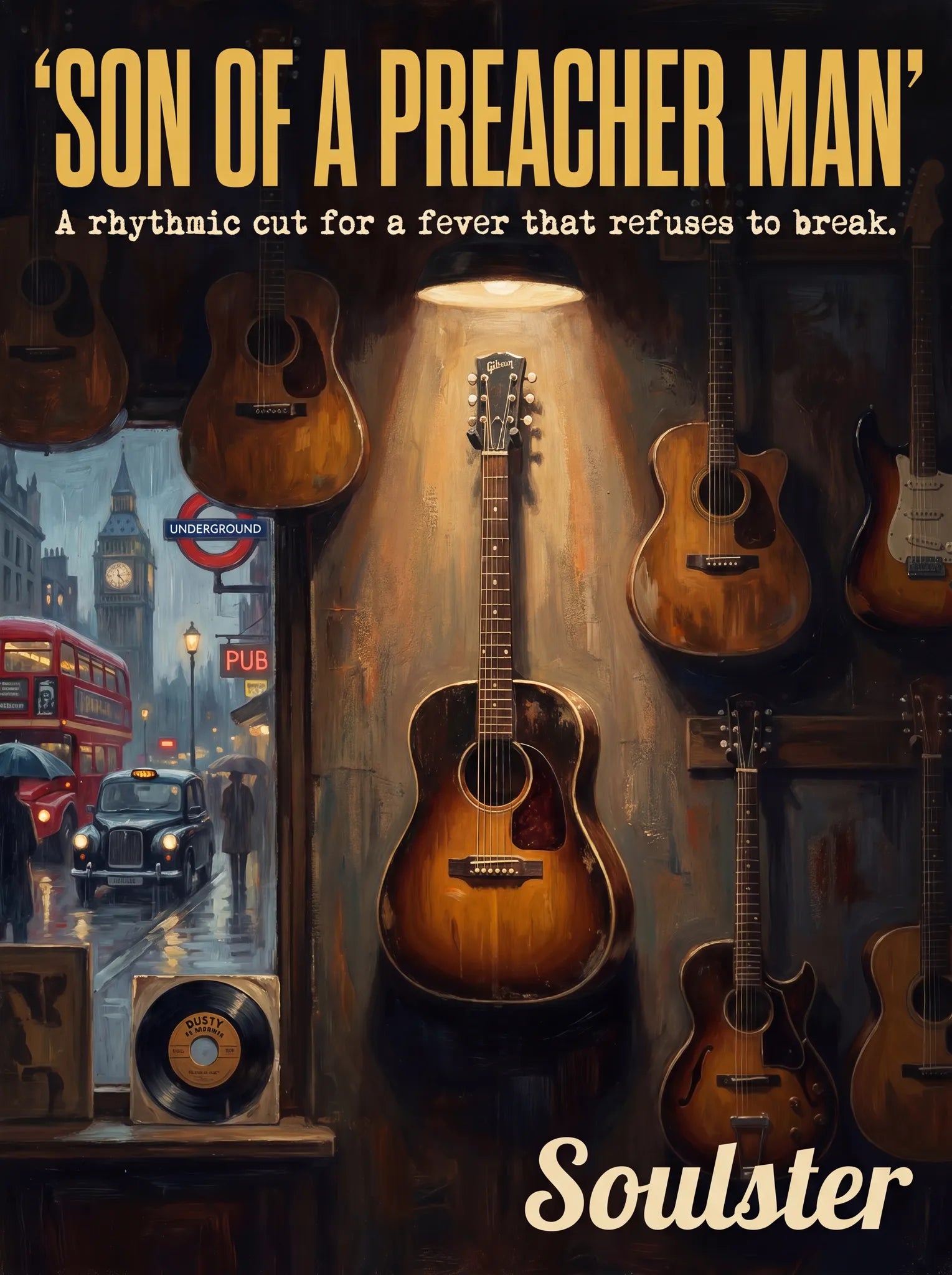 Soulster Manchester Edition wall art print showing a cinematic pulp style design of a Vintage Guitar inspired by Son Of A Preacher Man - London.