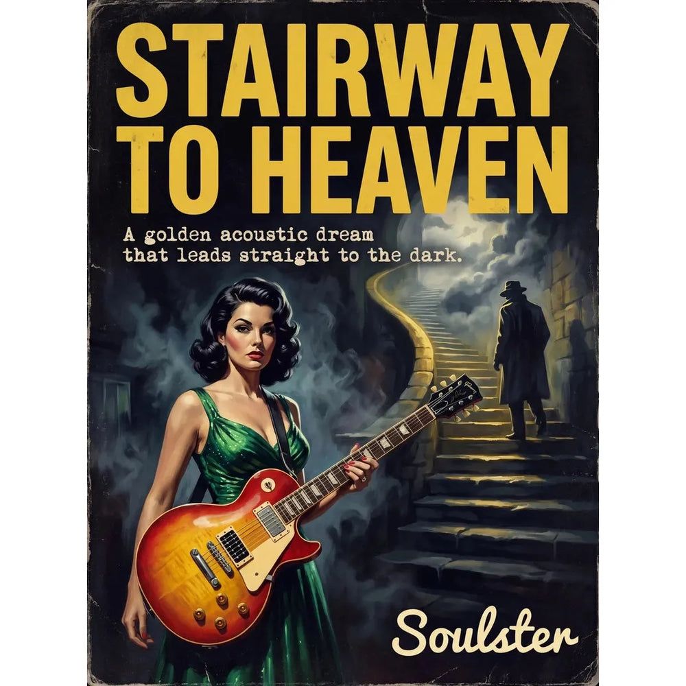 Soulster cinematic vintage pulp book cover art print illustration styled in a classic 1950s design layout inspired by Stairway To Heaven.