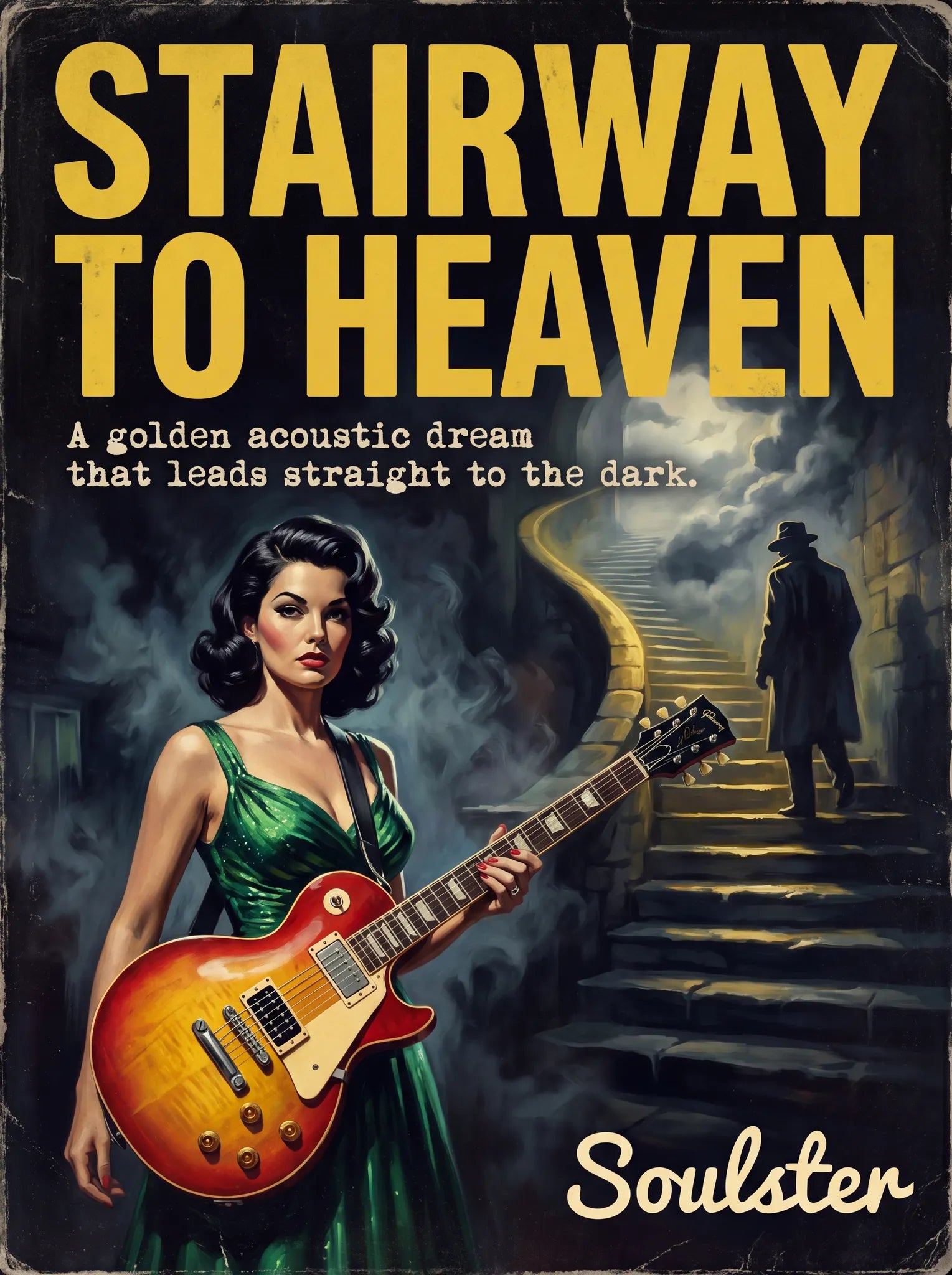 Soulster cinematic vintage pulp book cover art print illustration styled in a classic 1950s design layout inspired by Stairway To Heaven.