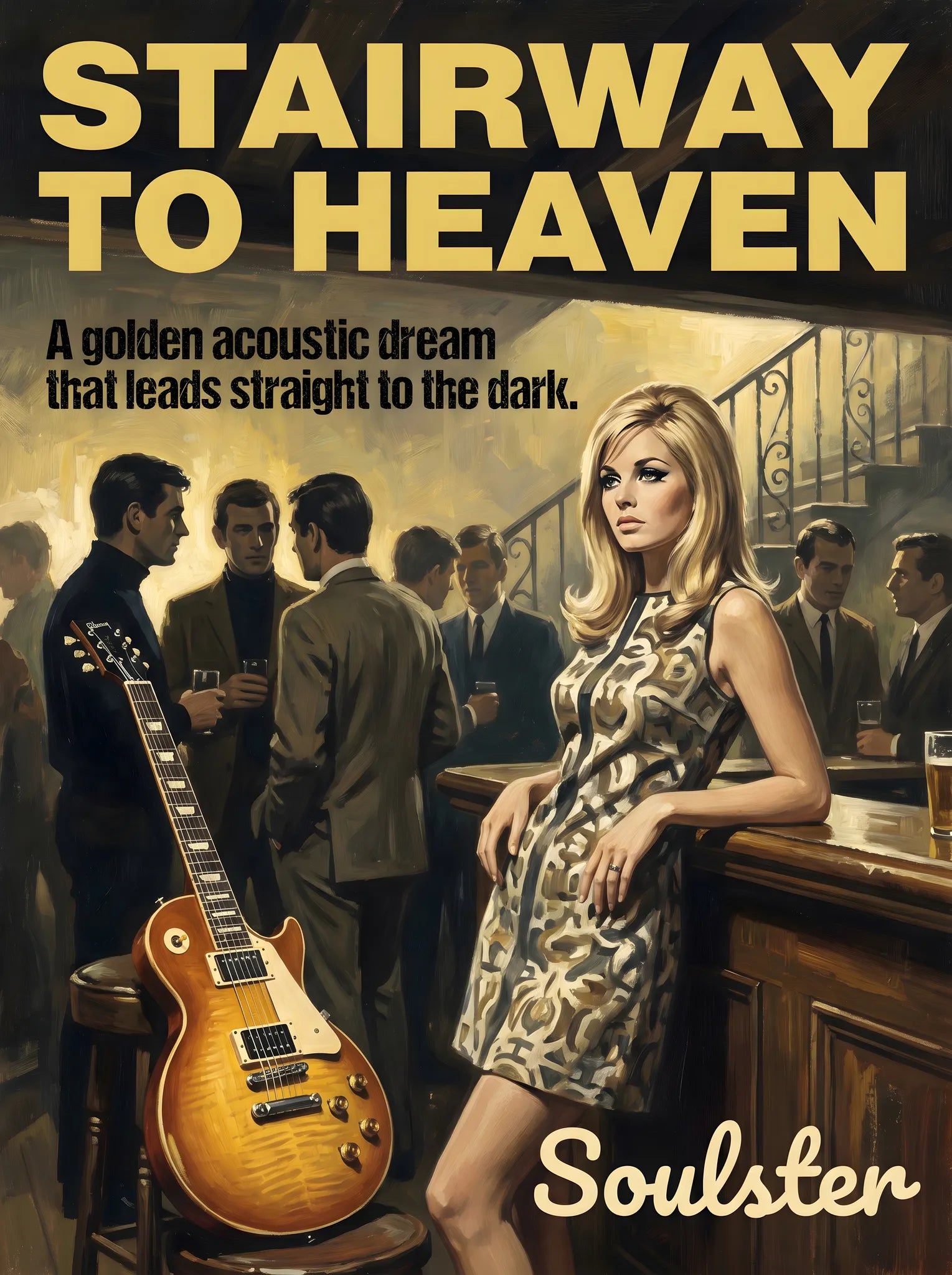 Soulster cinematic vintage pulp book cover art print illustration styled in a classic 1960s design layout inspired by Stairway To Heaven.