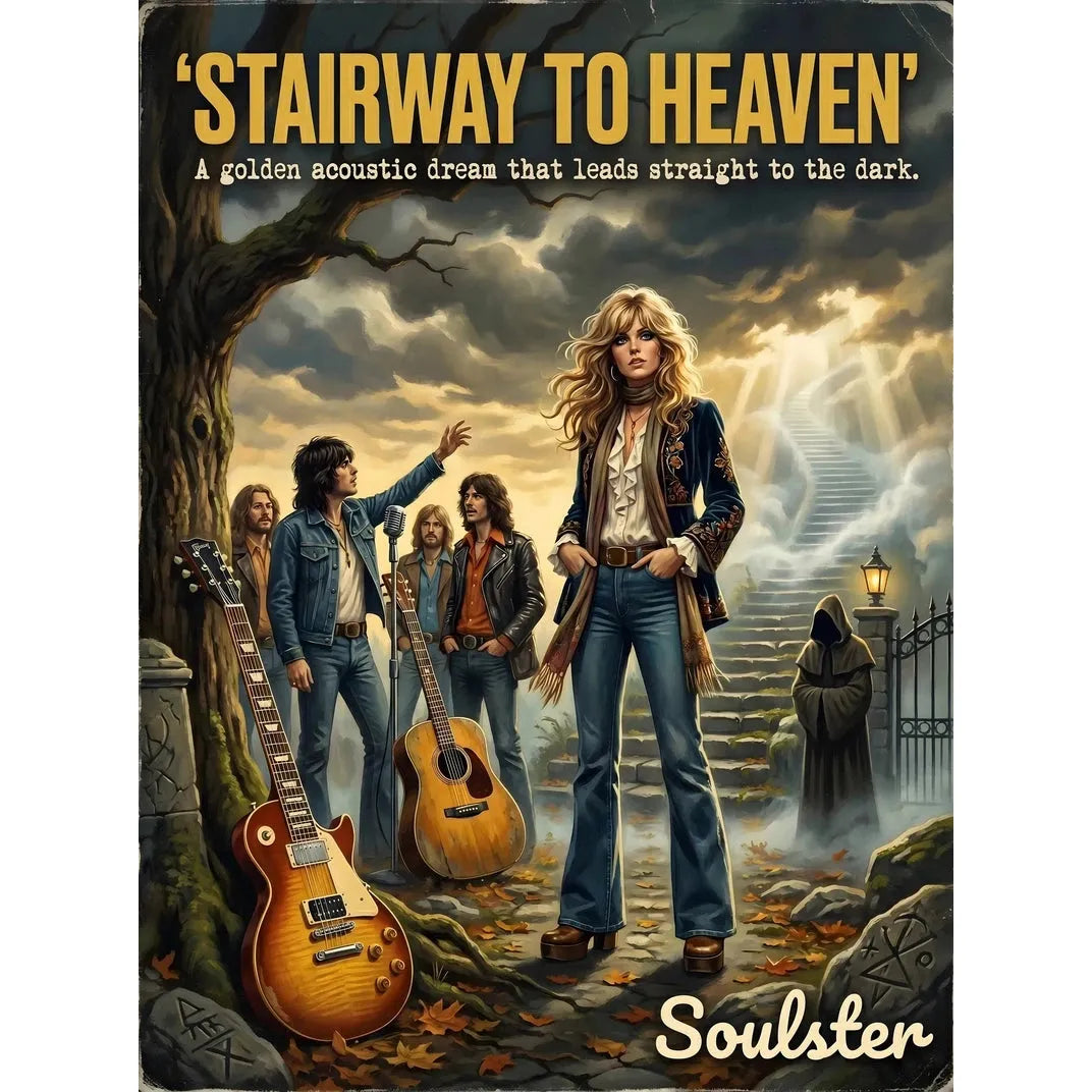Soulster cinematic vintage pulp book cover art print illustration styled in a classic 1970s design layout inspired by Stairway To Heaven.
