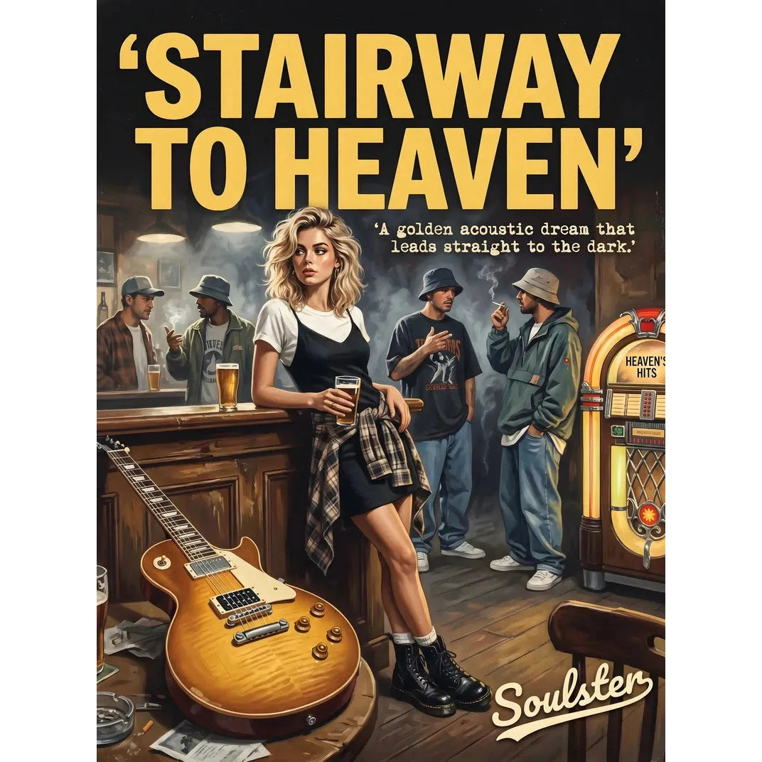 Soulster cinematic vintage pulp book cover art print illustration styled in a classic 1990s design layout inspired by Stairway To Heaven.