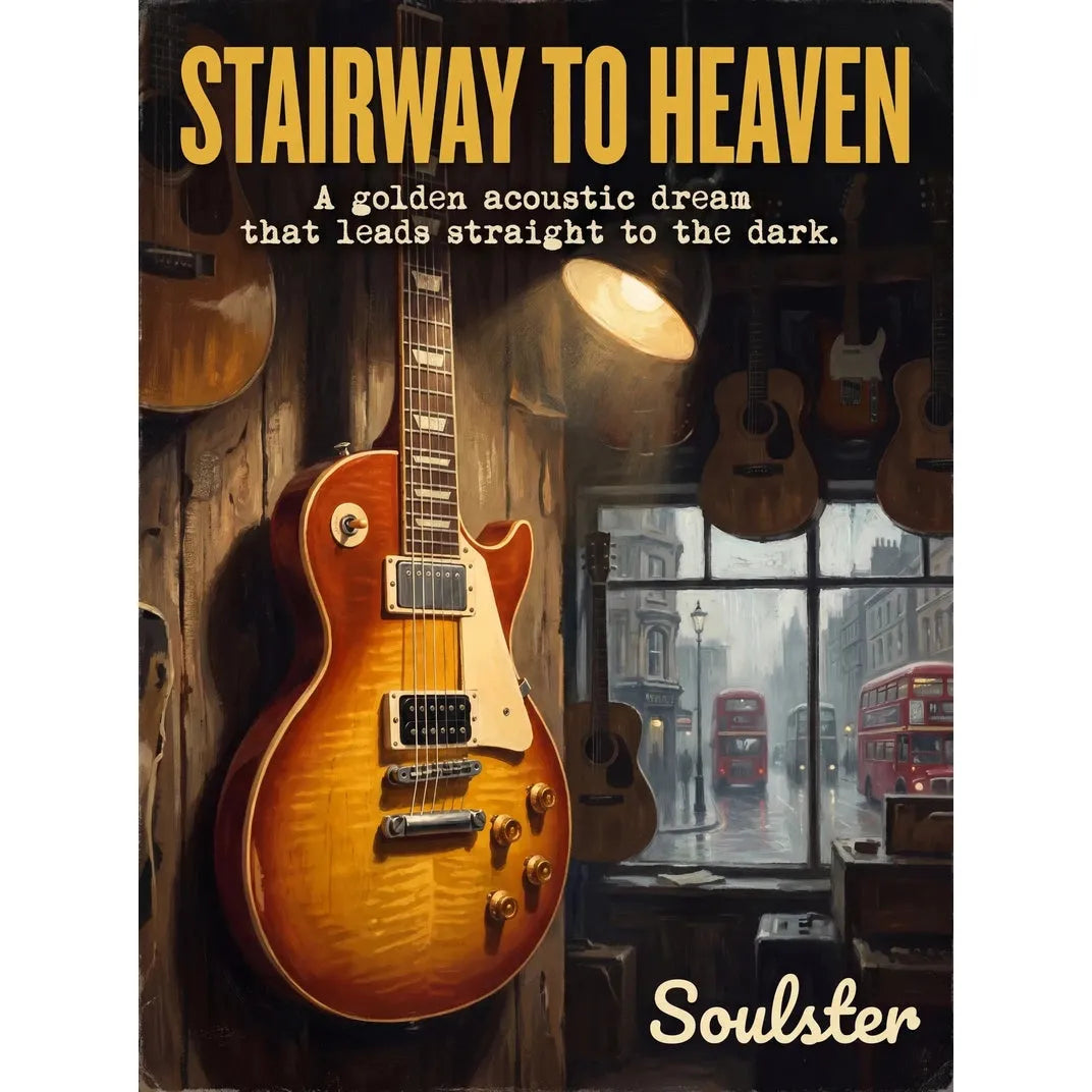 Soulster Manchester Edition wall art print showing a cinematic pulp style design of a Gibson Les Paul Standard inspired by Stairway To Heaven - London.