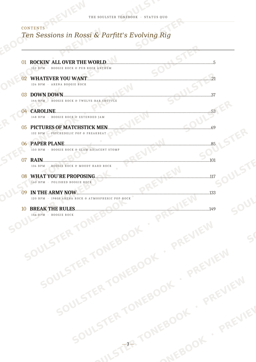 A printed table of contents page from The Slaughter Tombstone: Status Quo, showing chapter and page headings for 'Ten Sessions in Rossi & Parfit's Evolving Rig' with repeated Soulster Tonebook preview watermarks across the page.