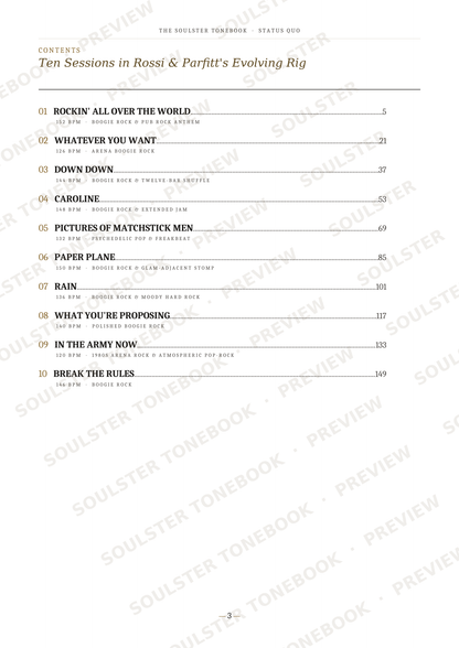 A printed table of contents page from The Slaughter Tombstone: Status Quo, showing chapter and page headings for 'Ten Sessions in Rossi & Parfit's Evolving Rig' with repeated Soulster Tonebook preview watermarks across the page.