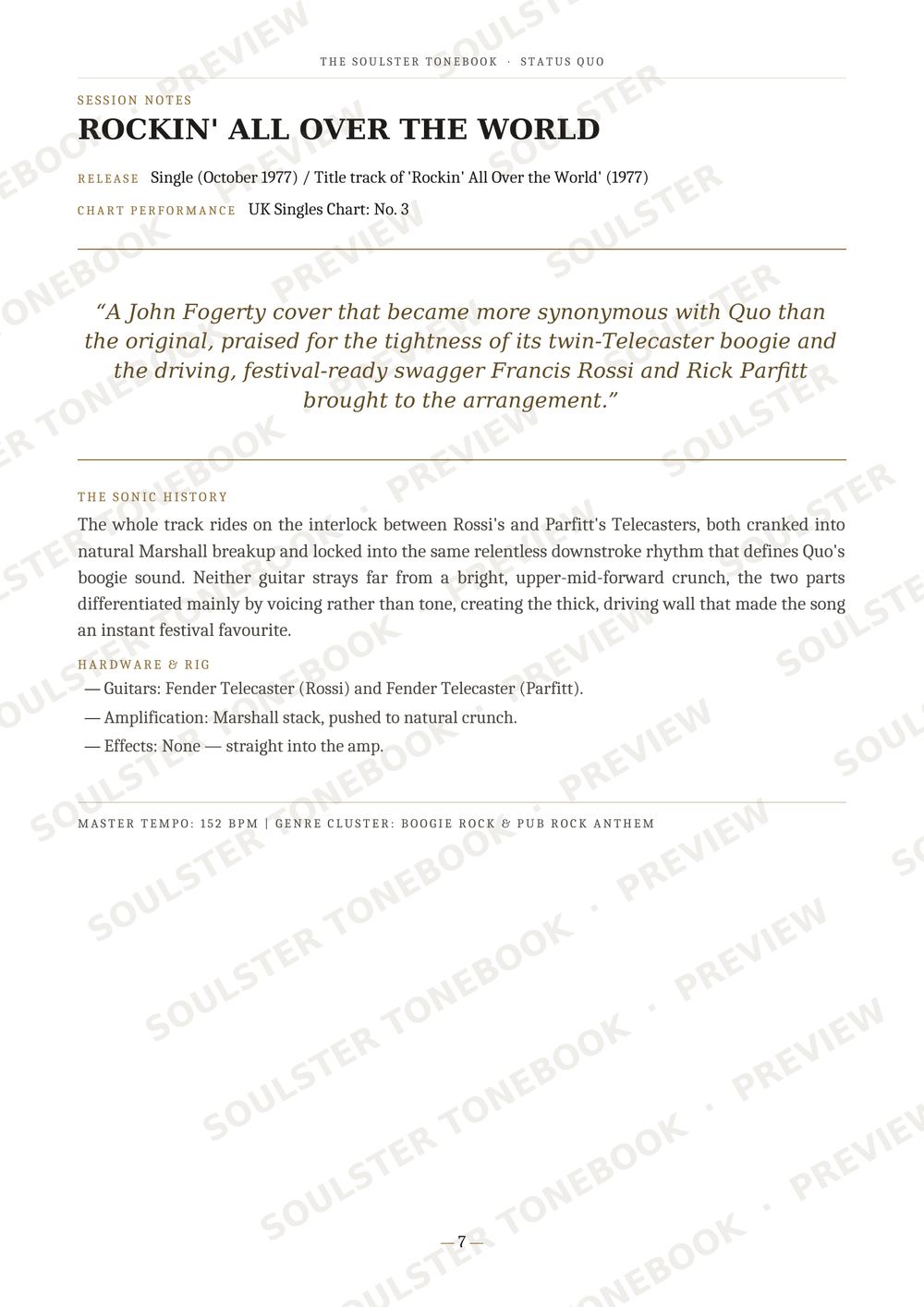 A scanned book or magazine page featuring the rock band Rush's single 'Rockin' All Over the World' with release details, a quote, track history, and hardware notes. The page has a white background with black text and diagonal watermark text reading 'SOULSOULING STONE TONES PREVIEW'.