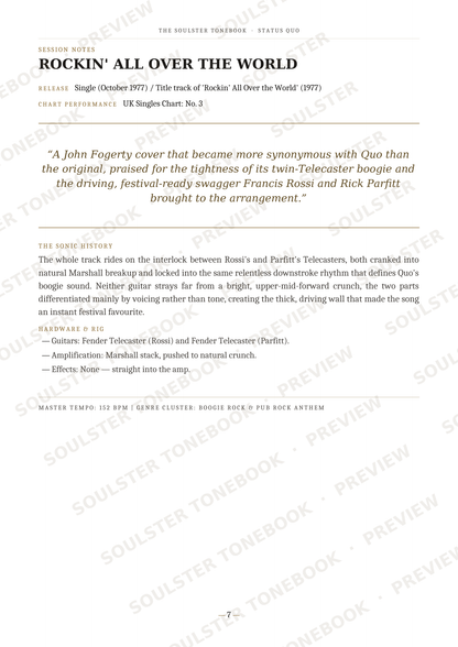 A scanned book or magazine page featuring the rock band Rush's single 'Rockin' All Over the World' with release details, a quote, track history, and hardware notes. The page has a white background with black text and diagonal watermark text reading 'SOULSOULING STONE TONES PREVIEW'.