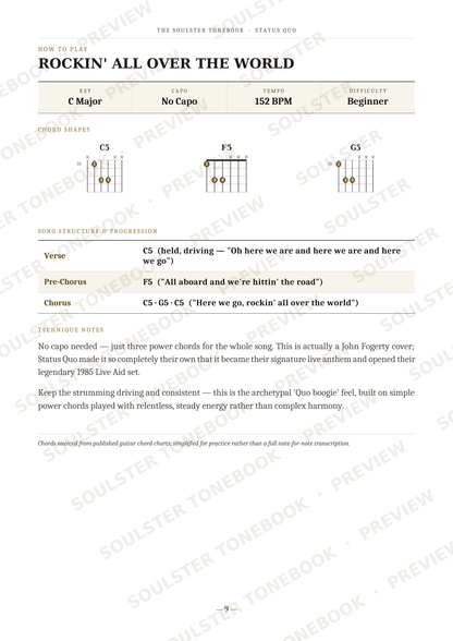 A guitar chord sheet page titled 'ROCKIN' ALL OVER THE WORLD' with chord diagrams for C Major, No Capo, 152 BPM, and Beginner level. The page includes fretboard diagrams for C, F, and G major chords, a verse and chorus section, and chord notes, presented on a white background with faint diagonal watermark text.