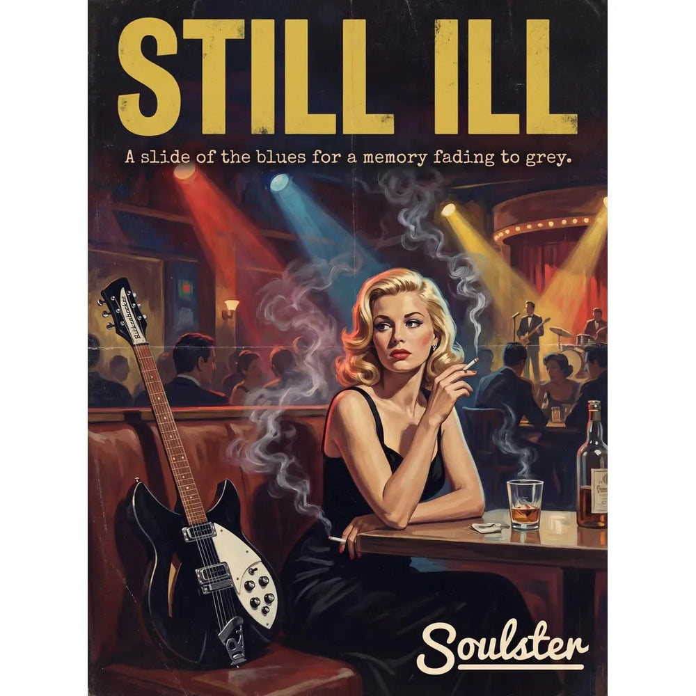 Soulster cinematic vintage pulp book cover art print illustration styled in a classic 1950s design layout inspired by Still Ill.
