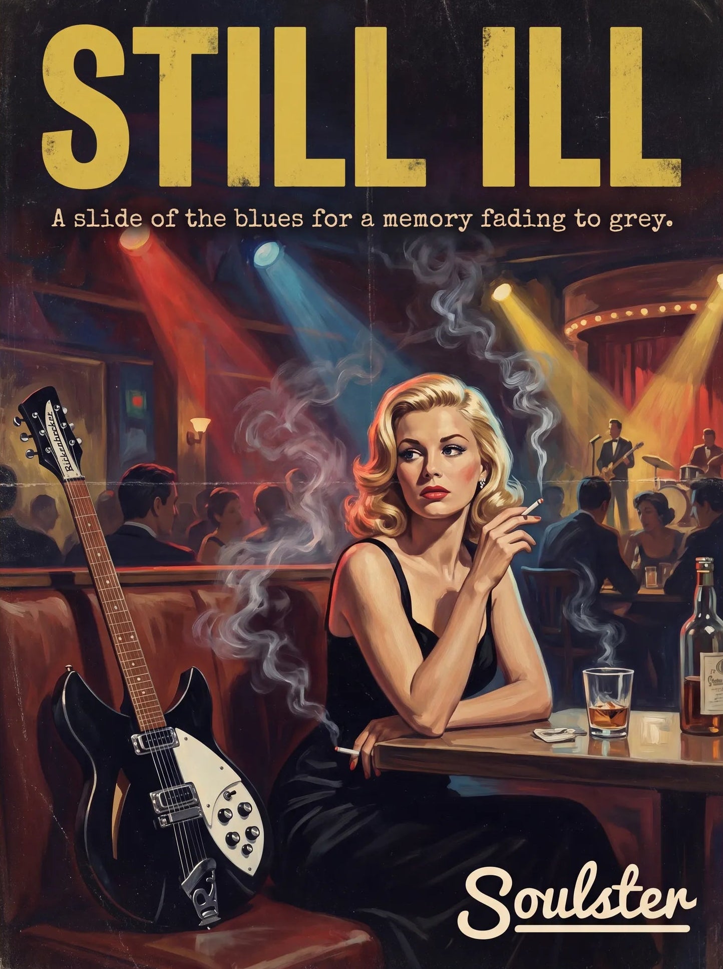 Soulster cinematic vintage pulp book cover art print illustration styled in a classic 1950s design layout inspired by Still Ill.