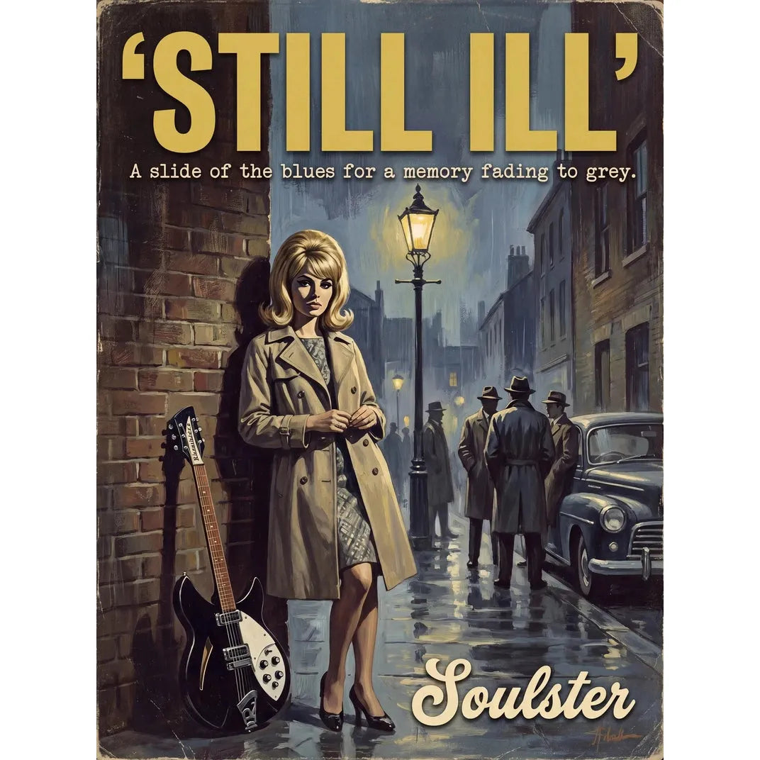 Soulster cinematic vintage pulp book cover art print illustration styled in a classic 1960s design layout inspired by Still Ill.