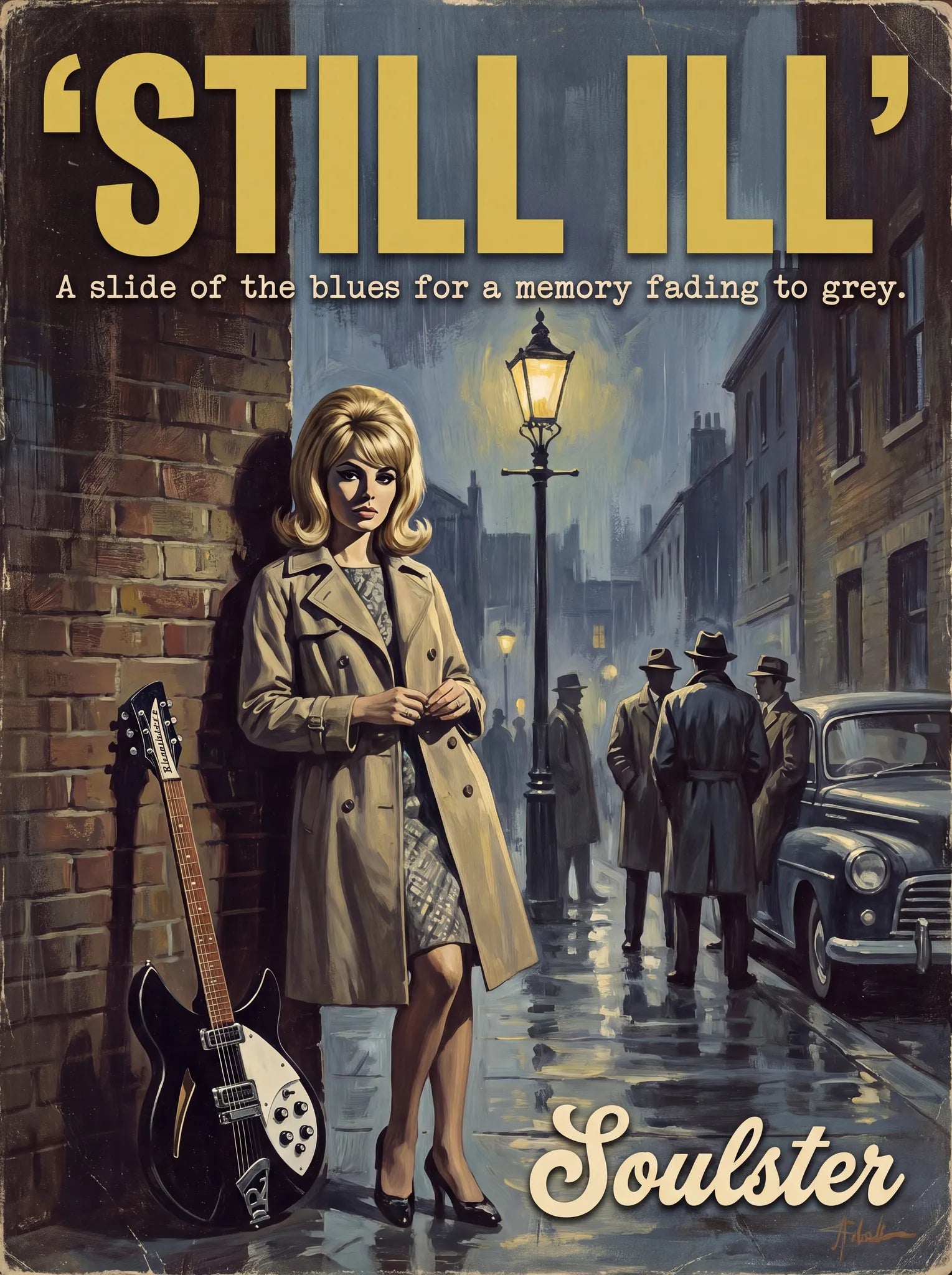 Soulster cinematic vintage pulp book cover art print illustration styled in a classic 1960s design layout inspired by Still Ill.