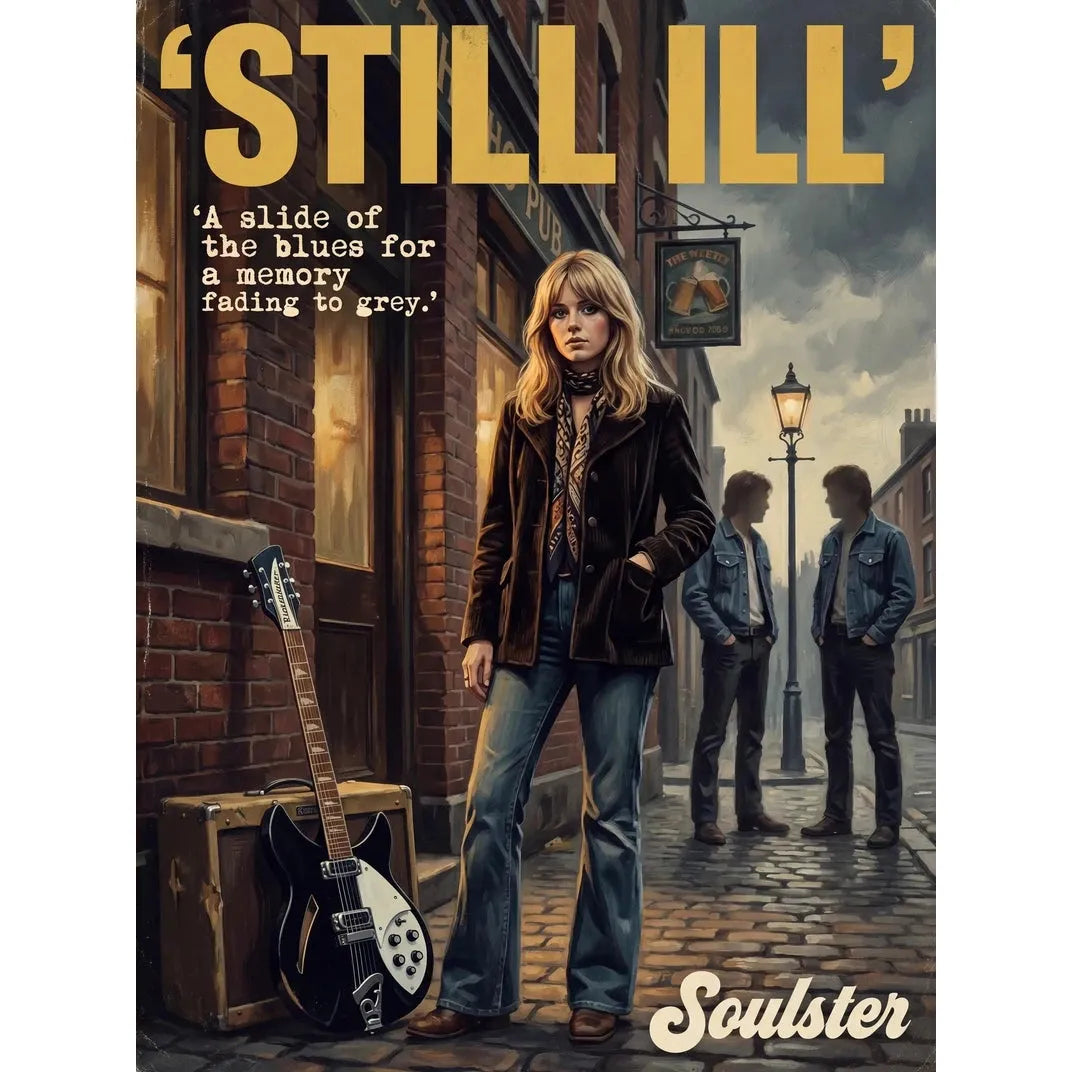 Soulster cinematic vintage pulp book cover art print illustration styled in a classic 1970s design layout inspired by Still Ill.