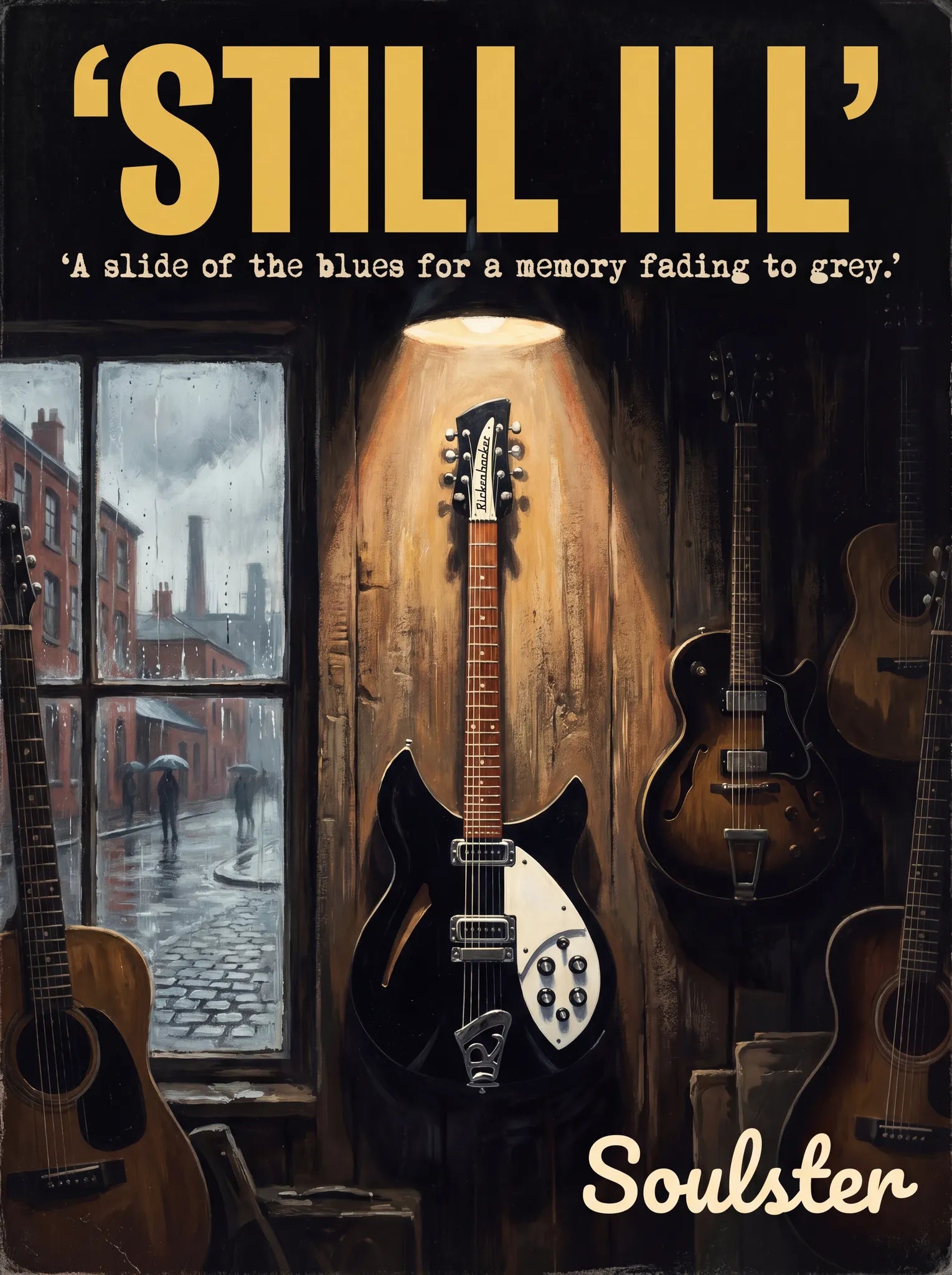 Soulster Manchester Edition wall art print showing a cinematic pulp style design of a Rickenbacker 330 inspired by Still Ill.