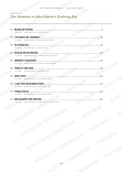 A printed table of contents page from a book titled 'Ten Sessions in John Squire's Evolving Rig' with song titles, page numbers, and repeated diagonal 'SOULSTER TONEBOOK PREVIEW' watermarks across the page.